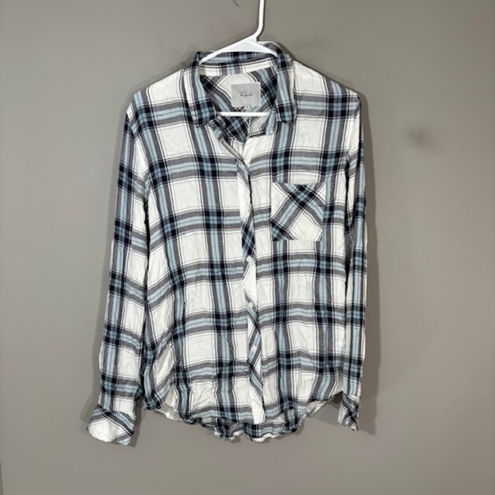 Rails Shirt Womens Medium White Navy Hunter Plaid Rayon Button Long Sleeve Top